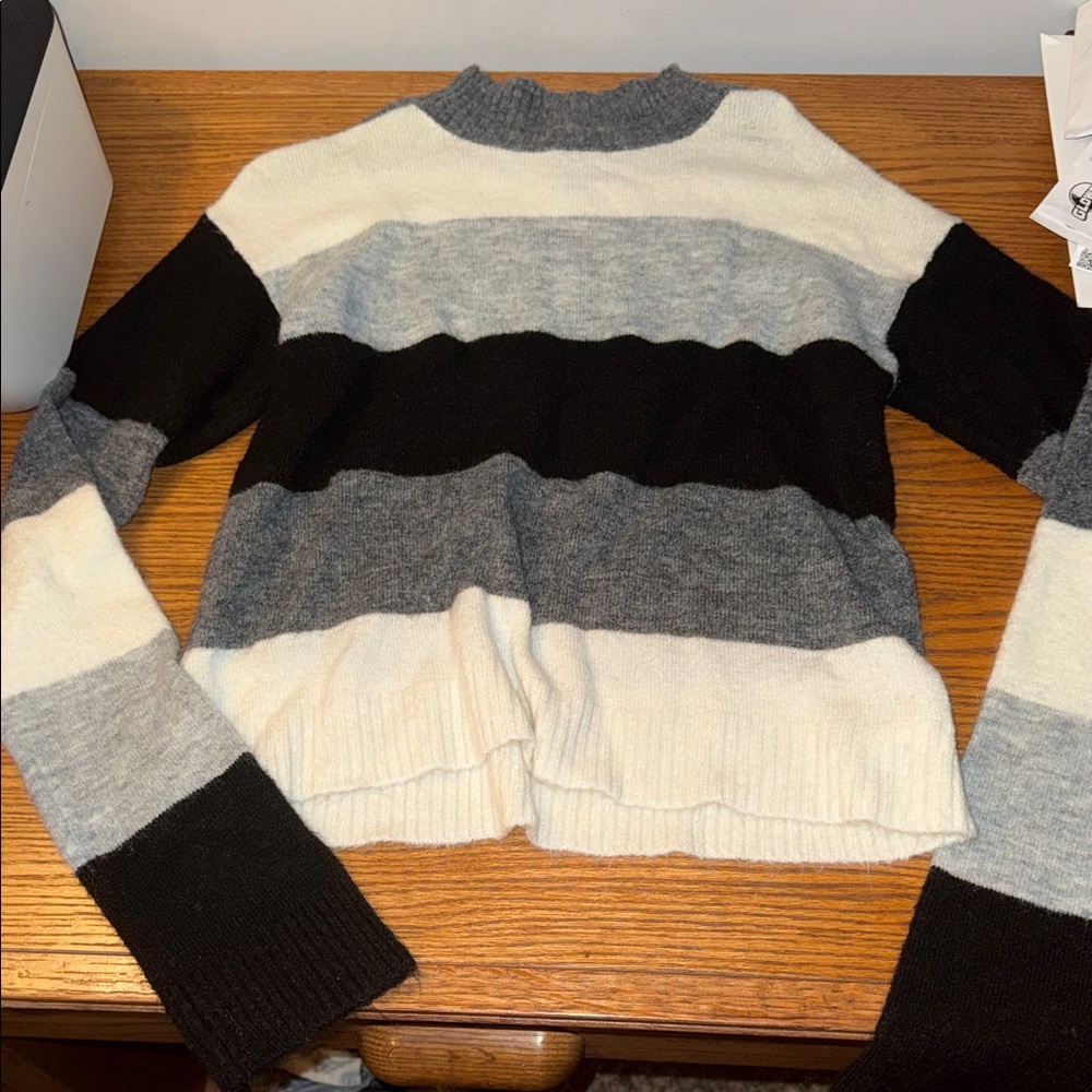 Express Black, Gray, and Cream Striped Turtleneck Sweater